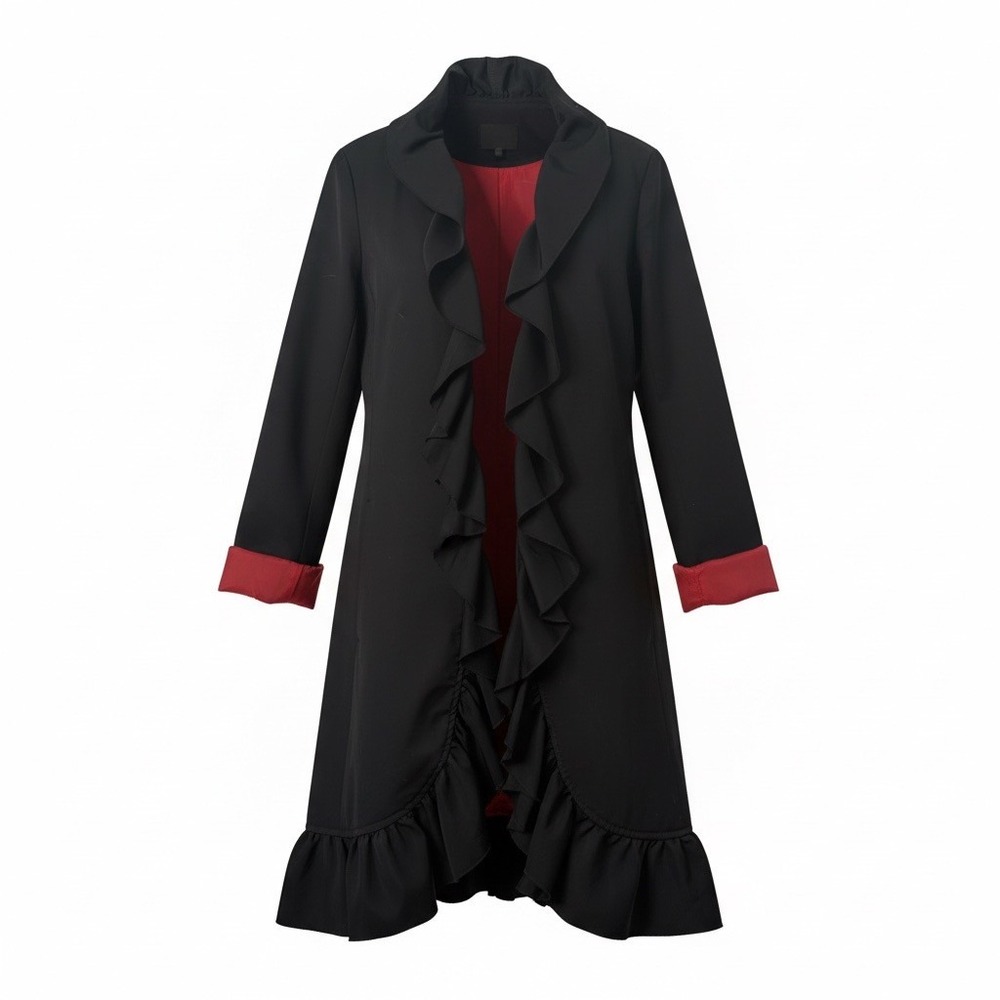 DKNY Womens Black Ruffle Front Longline Jacket Red Lining Small